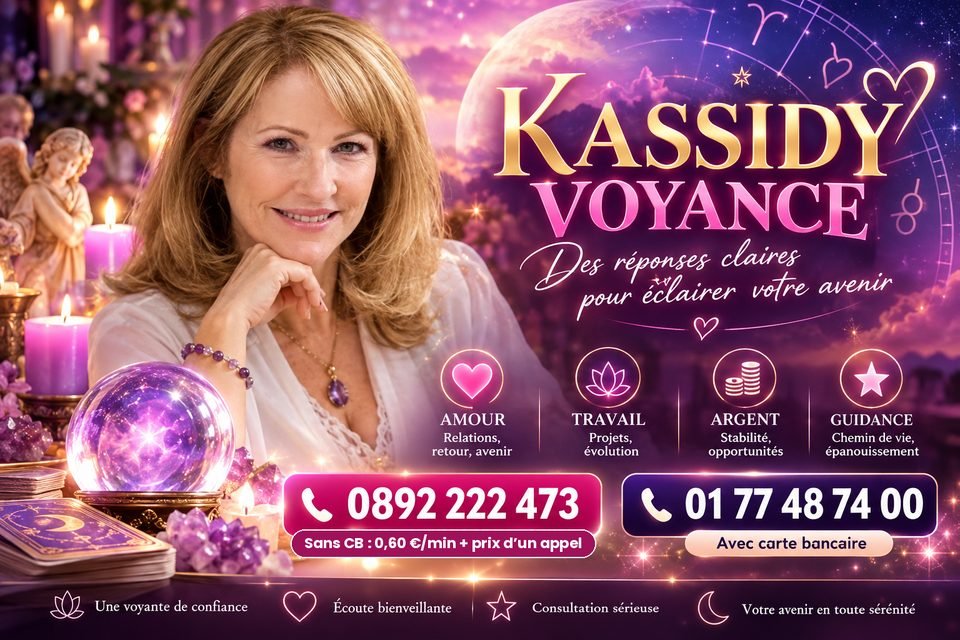 Kassidy Voyance : 0892 222 473 sans CB, Service 0,60 €/min + prix d’un appel, ou 01 77 48 74 00 avec carte bancaire